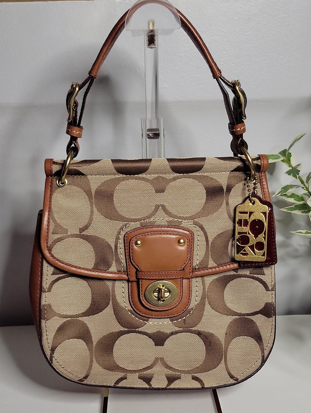 Coach Tan and Brown Signature Canvas Shoulder Bag with Turn-Lock